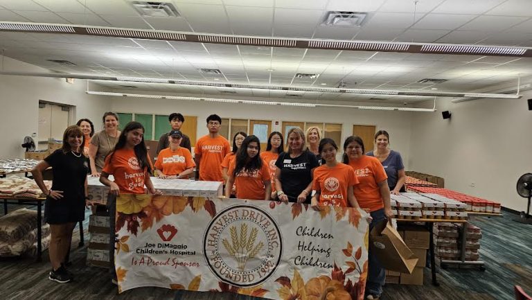 Teens in orange shirts holding a Harvest Drive Children Helping Children banner at Monthly Packings