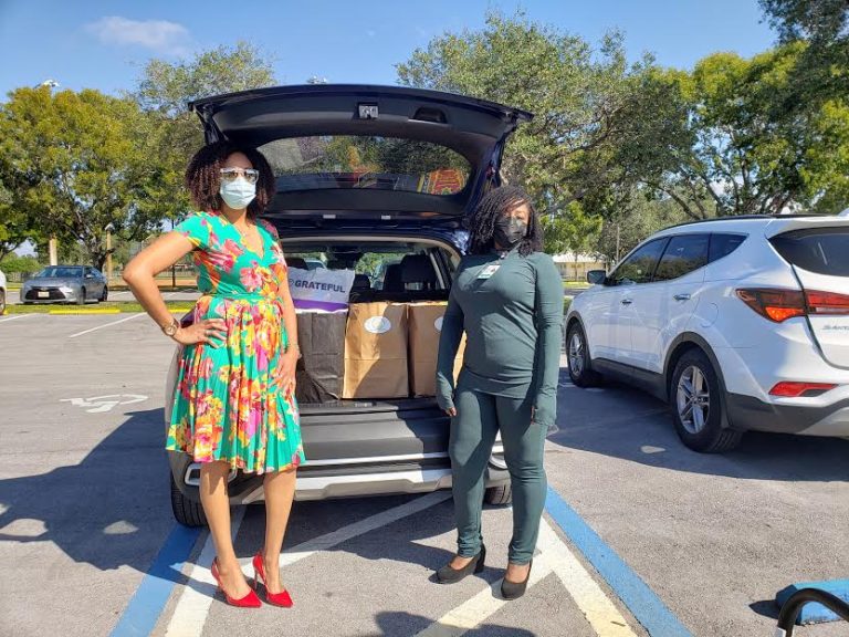 Two volunteers in masks beside an open car trunk loaded with grocery bags for Monthly Bag Packings