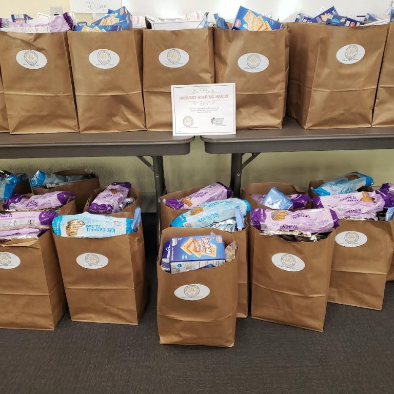 Two tiers of paper grocery bags filled with snacks with a Harvest Helping Hands sign