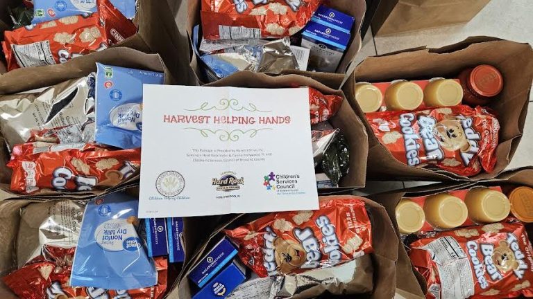 Overhead view of bags with peanut butter, cookies and a Harvest Helping Hands letter at Monthly Packings